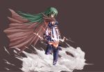  aruka_schild cape fire green_hair highres long_hair looking_back needless solo yellow_eyes 