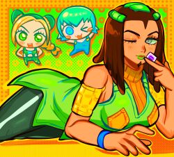  3girls :3 armband blonde_hair blue_eyes blue_overalls blush_stickers bracelet braid breasts brown_hair chibi chibi_inset commentary cone_hair_bun double_bun dreadlocks english_commentary ermes_costello facepaint foo_fighters_(jojo) green_eyes green_hair green_lips green_pants green_vest grey_eyes hair_bun highres holding_sticker jewelry jojo_no_kimyou_na_bouken kujo_jolyne large_breasts long_hair looking_at_viewer lying makeup muajtm multicolored_hair multiple_girls on_side one_eye_closed orange_sweater overalls pants ribbed_sweater smile sticker stone_ocean sweater turtleneck turtleneck_sweater two-tone_hair vest yellow_armband 