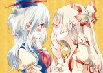  blue_hair blush bust closed_eyes eyes_closed fujiwara_no_mokou hand_holding hat holding_hands kamishirasawa_keine licking long_hair multiple_girls profile shinoasa simple_background touhou white_hair yuri 