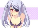  bent_over bikini bikini_top blush collarbone embarrassed eyepatch infinite_stratos laura_bodewig long_hair lowres mayachi_(amuriya) red_eyes silver_hair string_bikini sweatdrop swimsuit v_arms 