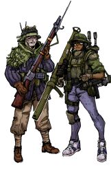  1boy 1girl absurdres armor baggy_pants bags_under_eyes bayonet black_hair boonie_hat borbpocalypse brown_eyes brown_gloves brown_shoes bulletproof_vest commentary dark_skin denim english_commentary gambeson gloves goggles goggles_on_head gun gun_sling hat highres holding holding_gun holding_weapon hood hood_down jeans knee_pads load-bearing_vest military military_uniform missing_tooth night_vision_device number_print original over_shoulder pale_skin pants pouch puttees radio_antenna rocket_launcher shoes short_hair shoulder_armor single_knee_pad smug sneakers soldier submachine_gun tactical_gloves thigh_pouch weapon weapon_over_shoulder white_background yellow_eyes 