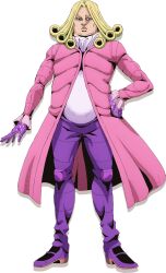  1boy anime_coloring blonde_hair blue_eyes coat curly_hair fat fat_man full_body funny_valentine gloves hand_on_own_hip highres jojo_no_kimyou_na_bouken key_visual long_coat long_hair male_focus official_art pants pink_coat promotional_art purple_gloves purple_pants shirt solo standing steel_ball_run transparent_background tsumagari_daisuke white_shirt 