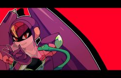  1girl armor commentary_request em_wave_change_(mega_man) gloves helmet letterboxed luna_platz_(mega_man) mega_man_(series) mega_man_star_force_(series) mouth_veil purple_armor purple_gloves purple_helmet queen_ophiuca_(mega_man) red_background red_eyes ritomasu_(crsk4373) shoulder_armor simple_background smile snake veil yellow_eyes 