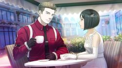  1boy 1girl amamine_mika awning black_gloves black_hairband black_necktie booth_seating building bush cafe coffee_mug cuffs cup desperadrops dress earrings elbow_gloves facial_hair flower frilled_shirt frills game_asset gib_baltzer gloves hair_ornament hair_slicked_back hairband handcuffs holding holding_cup jewelry kozaki_yuusuke looking_at_another mug necktie official_art pompadour red_shirt shirt soul_patch stud_earrings suspenders third-party_source undercut urban visual_novel_cg white_dress white_gloves 