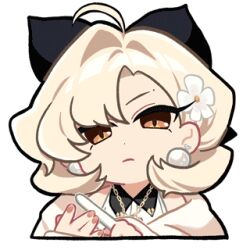  1girl ahoge animated animated_gif astrae_oratio black_ribbon blonde_hair brown_eyes collared_shirt earrings flower_hairclip gold_necklace hair_intakes hair_ribbon holding_nail_file jewelry keikou_mayoi looking_at_viewer lowres mole mole_on_forehead necklace official_art partially_shaded_face pearl_earrings pink_nails ribbon second-party_source shirt sidelocks solo unamused 