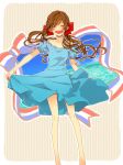  barefoot brown_hair dress hair_ribbon highres mmsl2 ribbon seychelles_(hetalia) solo twintails 