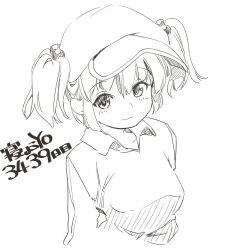  1girl blush breasts cactas7 closed_mouth collarbone flat_cap hair_bobbles hair_ornament hat huge_breasts kawashiro_nitori long_sleeves looking_at_viewer monochrome solo touhou upper_body 