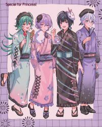 4boys 4piece_(ensemble_stars!) :d ahoge alternate_costume alternate_hairstyle bag bagged_fish belt beret black_hair black_hairband black_hat black_kimono black_shoes blue_streaks blunt_bangs border bow braid cameo candy_apple closed_mouth commentary_request contemporary_traditional_clothes cotton_candy cross-laced_clothes cross-laced_sleeves crossed_bangs diagonal-striped_kimono dress_shoes ensemble_stars! erimaki_shippo fangs fashion fireworks fish flipped_hair floral_print floral_print_kimono folded_fan folding_fan food foot_up_heel_up footwear_bow frilled_hairband frilled_kimono frilled_kimono_collar frills full_body glasses goldfish green_eyes green_hair green_kimono grid_border hair_between_eyes hair_bun hair_intakes hairband hanamura_fuyume hand_fan hat heart high_heels highres hojo_raika holding holding_bag holding_cotton_candy holding_fan holding_food holding_skewer ikayaki japanese_clothes kimono lace-trimmed_kimono lace-trimmed_sash lace_trim lolita_hairband long_hair long_sleeves looking_at_viewer low_ponytail male_focus mask mask_on_head multicolored_hair multiple_boys natsu_kanna obi outside_border oxfords pink_background pink_belt pink_eyes pink_kimono ponytail print_kimono pumps purple_border purple_bow purple_hair purple_kimono red_eyes ribbon-trimmed_kimono ribbon_trim round_eyewear sagiri_esu sash shoes short_hair short_ponytail single_hair_bun skewer smile standing star_(symbol) star_print streaked_hair striped_clothes striped_kimono tabi tassel unicorn v-shaped_eyebrows very_long_hair violet_eyes water_yoyo white_hair wide_sleeves wolf_cut 