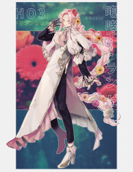  1boy absurdres ankle_boots aosoraa6 arm_at_side asymmetrical_gloves black_gloves black_pants black_shirt boots border braid call_of_cthulhu capelet closed_mouth clothing_cutout commentary_request copyright_name curtained_hair daisy_(flower) fingerless_gloves floral_background flower flower_in_braid footwear_flower frilled_robe frilled_shirt_collar frills full_body gerbera gloves green_eyes hair_between_eyes hair_flower hair_ornament hand_up highres hip_vent houkou_etoranze light_particles long_hair long_sleeves looking_at_viewer male_focus neck_ribbon outside_border pants parted_bangs pink_capelet pink_flower pink_ribbon pleated_sleeves raised_inner_eyebrows red_flower ribbon robe shirt side_slit sidelocks sideways_glance single_braid sleeves_past_wrists smile solo standing two-sided_capelet two-sided_fabric very_long_hair white_boots white_border white_capelet white_flower white_robe yellow_flower 