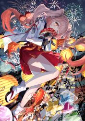  1girl aerial_fireworks blush closed_mouth dress festival fireworks hair_ornament hanabi highres holding japanese_clothes kimono long_hair long_sleeves looking_at_viewer miyako_0 night original solo sparkle sparkler summer_festival twintails 