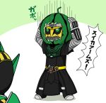  2boys arms_up belt food food_on_head fruit kamen_rider kamen_rider_den-o_(series) kamen_rider_gaim_(series) kamen_rider_zeronos male mask multiple_boys object_on_head redol translation_request watermelon 