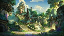  absurdres adam_''forange''_torn blue_sky chimney clouds cobblestone commentary concept_art day english_commentary fantasy fountain highres no_humans original outdoors scenery sky stairs statue tire_swing tower town tree 