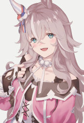  1girl absurdres animal_ears bare_shoulders blue_eyes blush breasts choker coat collarbone commentary dress ear_covers frilled_choker frills grey_hair hair_between_eyes highres horse_ears horse_girl jacket long_hair looking_at_viewer multicolored_hair nao_toyooooo off-shoulder_coat off_shoulder open_mouth pink_coat pink_dress pink_jacket simple_background single_ear_cover smile solo streaked_hair umamusume wonder_acute_(butterfly_sting)_(umamusume) wonder_acute_(umamusume) 