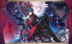  1boy absurdres aqua_hair arknights arknights:_endfield armor asymmetrical_gloves bat_(animal) belt black_gloves black_pants camille_(arknights) chinese_commentary commentary_request crown_of_thorns earrings gloves highres index_finger_raised jewelry jiuchuansi looking_at_viewer male_focus mismatched_gloves multicolored_hair multiple_girls pants pauldrons pointy_ears red_gloves red_hair ring short_hair shoulder_armor single_pauldron streaked_hair wings 