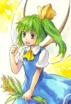  ascot bow daiyousei dress green_eyes hair_bow side_ponytail solo tomobe_kinuko touhou wheat wings yellow_eyes 