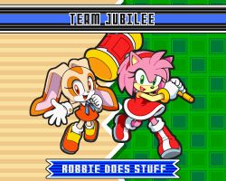  2girls :d amy_rose animal_ears animal_nose blue_ribbon boots brown_eyes brown_fur collared_dress commentary cream_the_rabbit dress english_commentary english_text eyelashes fake_screenshot full_body furry furry_female gameplay_mechanics gloves green_eyes hairband hammer hand_up health_bar highres holding holding_hammer holding_weapon looking_at_viewer multiple_girls neck_ribbon open_mouth orange_dress outstretched_arm pink_fur rabbit_ears rabbit_girl red_dress red_hairband ribbon robertbegg_art shoes short_dress short_hair sleeveless sleeveless_dress smile sonic_(series) weapon white_gloves 