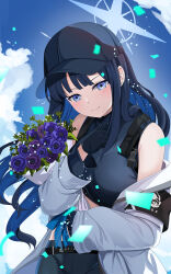  1girl armband baseball_cap black_armband black_gloves black_hair blue_archive blue_eyes blue_flower blue_hair blue_halo blue_rose bouquet breasts coat colored_inner_hair commentary_request flower gloves halo hat highres holding holding_bouquet large_breasts long_sleeves multicolored_hair purple_flower purple_rose rose saori_(blue_archive) sleeveless smile solo textless_version white_coat yasume_yukito 