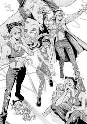  ! 1boy 1girl 1other bestcondition14 blood blood_from_mouth braid braided_base braided_ponytail breasts bun_with_braided_base character_name chibi chibi_inset coat commentary cone_hair_bun double_bun earrings father_and_child father_and_daughter greyscale hair_bun highres jewelry jojo_no_kimyou_na_bouken kujo_jolyne kujo_jotaro lips medium_breasts midriff monochrome multicolored_hair navel parent_and_child sitting spoken_object stand_(jojo) stone_free stone_ocean string stud_earrings two-tone_hair 