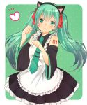  1girl animal_ears cat_ears detached_sleeves green_eyes green_hair hair_ribbon hatsune_miku long_hair maid necktie paw_pose ribbon solo twintails vocaloid 