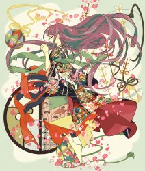  1girl arrow_(projectile) ball barefoot black_kimono border brown_hair camellia_print closed_eyes closed_mouth commentary_request eyeshadow fading_border falling_petals floating_hair floral_print floral_print_kimono fringe_trim from_side full_body green_border green_shawl hair_between_eyes hamaya hari611 japanese_clothes kimono layered_kimono leaf_print long_hair makeup matsu_symbol multicolored_kimono original own_hands_clasped own_hands_together petals pink_eyeshadow pink_petals plum_blossom_print print_kimono profile red_kimono red_sash round_window sash shawl simple_background smile solo tassel temari_ball two-sided_fabric very_long_hair waist_sash white_background wide_sleeves window 