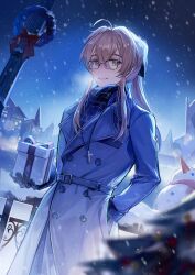  1boy absurdres ahoge backlighting belt black_gloves blonde_hair blue_coat blurry blurry_foreground christmas coat cowboy_shot cross cross_necklace degrees_of_lewdity double-parted_bangs fence gift glasses gloves hair_between_eyes hair_intakes hand_in_pocket high-waist_belt highres holding holding_gift jewelry lapels long_hair long_sidelocks long_sleeves longyu looking_at_viewer male_focus necklace night notched_lapels outdoors ponytail rectangular_eyewear sidelocks smile snowing snowman solo sydney_(degrees_of_lewdity) winter yellow_eyes 