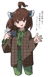  1girl :d ahoge blunt_bangs brown_eyes brown_hair buttons cellphone commentary_request cropped_legs datemegane green_pajamas green_pants green_shirt hands_up hanten_(clothes) headgear highres holding holding_phone long_sleeves medium_hair open_mouth pajamas pants phone plaid_clothes shirt simple_background single_hair_intake smartphone smile solo touhoku_kiritan translation_request twintails unmoving_pattern voiceroid white_background 