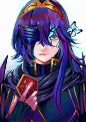  armor blue_cape blue_eyes blue_gloves blue_hair brand_of_the_exalt broken_mask bug butterfly cape crest facing_viewer fingerless_gloves fire_emblem fire_emblem_awakening gloves hair_between_eyes highres insect_wings long_hair looking_at_viewer lucina_(fire_emblem) mask ponzuponta39 tiara white_background wings 
