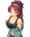  bare_shoulders blush bow breasts cleavage collarbone face food grin hair_bow hands happy hoodie long_hair mahou_shoujo_madoka_magica midriff mouth_hold naughty_face navel onsoku_maru pocky ponytail red_eyes red_hair redhead sakura_kyouko simple_background smile solo tank_top 