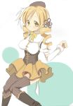  bad_id beret blonde_hair boots breasts detached_sleeves drill_hair fingerless_gloves gloves hair_ornament hat magical_girl mahou_shoujo_madoka_magica puffy_sleeves ribbon s_ko solo thigh-highs thighhighs tomoe_mami vertical-striped_legwear vertical_stripes yellow_eyes 