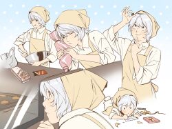  1boy alternate_costume apron bag blue_background chibi chibi_inset chocolate closed_mouth death_note dress_shirt egg_carton food highres holding holding_chocolate holding_food male_focus near_(death_note) one_eye_closed plastic_bag shirt short_hair simple_background tinh_daubuoi white_hair white_shirt writing 