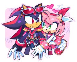  1boy 1girl amy_rose chao_(sonic) cropped_legs ear_piercing epaulettes eyewear_on_head furry furry_female furry_male gloves green_eyes heart highres kaob1112 looking_at_another official_alternate_costume piercing red-tinted_eyewear red_eyes shadow_the_hedgehog smile sonic_(series) sonic_forces:_speed_battle sunglasses tail tinted_eyewear white_gloves 