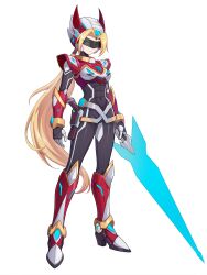  1girl absurdres armor armored_boots assault_visor biometal blonde_hair blue_eyes bodysuit boots breasts chest_jewel commission commissioner_upload covered_abs covered_navel crossed_belts cynthia_(mega_man_zx_zeta) elbow_gloves energy_gun energy_sword forehead_jewel gauntlets gloves helmet high_heel_boots high_heels highres holster knee_armor knee_boots long_hair long_sidelocks looking_at_viewer medium_breasts mega_man_(series) mega_man_zx model_z_(mega_man) non-web_source ponytail redesign shoulder_armor sidelocks solo sword thigh_holster thighs uta_guipiy weapon 