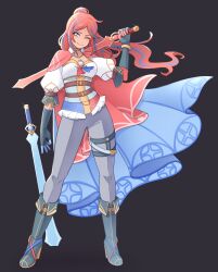  +_+ 1girl ;) absurdres belt blue_boots blue_cape blue_gloves blue_hair boots brown_belt cape closed_mouth collarbone commentary elbow_gloves english_commentary eyelashes full_body gloves grey_background grey_pants highres legs_apart long_hair multicolored_hair multiple_belts o3ohi one_eye_closed original pants planted planted_sword puffy_short_sleeves puffy_sleeves red_cape red_hair shirt short_sleeves simple_background smile solo standing sword two-tone_cape two-tone_hair weapon white_shirt 