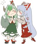  &gt;_&lt; blush_stickers cheek_kiss chibi closed_eyes dress_shirt ex-keine fujiwara_no_mokou green_hair grey_hair horns incipient_kiss kamishirasawa_keine kiss long_hair multicolored_hair multiple_girls nervous pants peconica red_eyes shirt silver_hair standing suspenders tail touhou two-tone_hair very_long_hair 