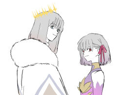  1boy 1girl absurdres blue_eyes closed_mouth crown fate/grand_order fate_(series) fur_trim gpqeoff gradient_hair grey_hair hair_ribbon highres kama_(fate) kama_(young)_(fate) light_smile looking_at_viewer multicolored_hair oberon_(fate) red_eyes ribbon short_hair simple_background sleeveless upper_body white_background 