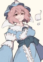  1girl absurdres blue_hat blue_kimono blue_sash commentary_request hat highres japanese_clothes kimono looking_at_viewer mob_cap pink_hair saigyouji_yuyuko sash short_hair simple_background smile solo touhou triangular_headpiece waniko white_background 