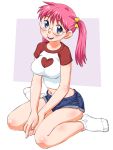  1girl azumi_(ikurumi) breasts denim denim_shorts glasses hair_ornament heart ikurumi_kaoru legs middriff midriff mole original pink_hair raglan_sleeves shorts sitting smile socks solo t-shirt twintails wariza 