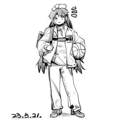  1girl alternate_costume backpack bag ball basketball_(object) blush bottle chenwei_jun chinese_commentary commentary_request dated full_body greyscale hat hat_ornament highres holding holding_ball holding_strap hong_meiling jacket long_hair long_sleeves monochrome notice_lines open_clothes open_jacket open_mouth pants polo_shirt shoes sketch sneakers solo star_(symbol) star_hat_ornament touhou water_bottle white_background 