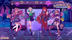  4girls :d ahoge animal_ears bandaid bare_shoulders black_boots black_thighhighs boots breasts brown_hair cecilia_immergreen commentary doll_joints dress elizabeth_rose_bloodflame english_commentary eyewear_on_head gigi_murin green_eyes grin hair_ornament hairband high_heels holding holding_removed_eyewear holojustice hololive hololive_english jewelry joints large_breasts long_hair looking_at_viewer midriff multiple_girls necklace off_shoulder official_art open_mouth panther_ears panther_tail pink_hair pleated_skirt raora_panthera red_dress red_eyes red_hair second-party_source short_hair shorts single_thighhigh skirt smile sunglasses tail thigh-highs torn_clothes torn_thighhighs twintails unworn_eyewear white_hair 