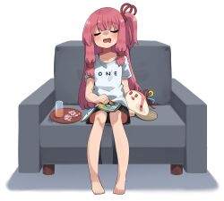  1girl barefoot black_shorts blunt_bangs blush clothes_writing collarbone commentary_request couch crossed_bangs cup datemegane drinking_glass drooling full_body hair_ribbon highres juice kotonoha_akane long_hair magazine_(object) mouth_drool one_side_up open_mouth orange_juice pink_hair red_ribbon ribbon seyanaa shirt short_sleeves shorts simple_background sitting sleeping solo tray voiceroid white_background white_shirt 
