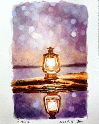  absurdres blurry bokeh border commentary_request dated depth_of_field highres katayama_joe lantern no_humans object_focus original reflection still_life traditional_media white_border 