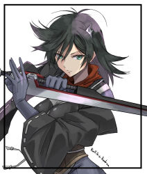  1girl aqua_eyes artist_name black_hair black_kimono bodysuit breasts closed_mouth commentary_request expressionless fighting_stance followers_favorite_challenge gloves grey_bodysuit grey_gloves hands_up highres holding holding_sword holding_weapon japanese_clothes jinrouki_winvurga jinrouki_winvurga_hangyaku-hen jun_(rellik_&amp;_redrum) kimono large_breasts long_hair multiple_drawing_challenge obi sash short_kimono simple_background sword upper_body weapon white_background yomi_(jinrouki_winvurga) 