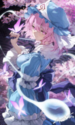  1girl absurdres blue_hat blue_kimono commentary_request fingernails folding_fan followers_favorite_challenge hair_between_eyes hand_fan hat highres holding holding_fan japanese_clothes kimono mob_cap multiple_drawing_challenge pink_hair saigyouji_yuyuko short_hair smile solo tadano1129 touhou triangular_headpiece violet_eyes 