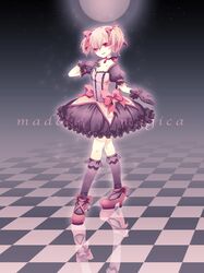  alternate_color checkered checkered_floor choker dark_persona gloves highres kaname_madoka kneehighs mahou_shoujo_madoka_magica mirusa pink_eyes pink_hair puffy_sleeves reflection short_hair short_twintails solo twintails 