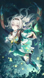  1girl absurdres aqua_skirt black_hairband black_jacket blue_background blue_pupils blue_thighhighs bug butterfly chinese_commentary commentary_request cropped_jacket firefly_(honkai:_star_rail) floating_hair full_body green_butterfly grey_hair hairband highres honkai:_star_rail honkai_(series) jacket leg_up long_hair long_sleeves looking_at_viewer multicolored_eyes neckerchief outstretched_hand parted_lips plant shirt skirt solo thigh-highs tian_yanyan two-tone_eyes vines violet_eyes white_shirt yellow_neckerchief 