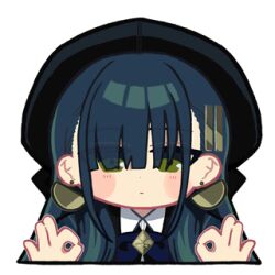  1girl animated animated_gif astrae_oratio beret black_hat blue_ribbon double_ok_sign earrings expressionless green_eyes green_hair hair_ornament hair_over_eyes hair_over_shoulder hairclip hat jewelry long_hair long_sidelocks long_sleeves looking_at_viewer lowres official_art ok_sign ribbon second-party_source shiranui_ren sidelocks simple_background solo white_background 
