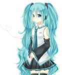  aqua_eyes aqua_hair bad_id detached_sleeves hatsune_miku headphones heart long_hair necktie simple_background skirt solo somiko thigh-highs thighhighs twintails very_long_hair vocaloid 