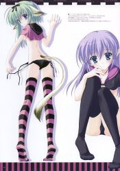 2000s_(style) 2girls :o animal_ears animal_tail black_bow black_collar black_shirt black_socks black_x_pink blue_eyes blush capelet choker cleavage closed_mouth green_hair head_bow knees_together_feet_apart knees_up long_hair looking_back midriff nanao_naru no_bra panties pink_capelet pink_collar pink_shirt pink_socks pointy_ears purple_hair sailor_collar short_hair striped_legwear striped_thighhighs thighhighs underboob undressing white_background