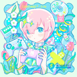  1girl blue_background blue_eyes blush bow bow_choker cd choker closed_mouth commentary controller double-parted_bangs flower game_cartridge game_controller grid_background hair_between_eyes highres hiro046k holding holding_controller holding_game_controller long_sleeves original pink_choker pink_hair red_flower red_tulip shirt short_hair solo tulip upper_body white_shirt 