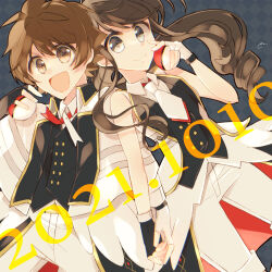  1boy 1girl blue_background brown_eyes brown_hair cosplay dated fingerless_gloves gloves highres hilbert_(pokemon) hilda_(pokemon) holding holding_hands holding_poke_ball looking_at_viewer n_(anniversary_2021)_(pokemon) n_(pokemon) n_(pokemon)_(cosplay) official_alternate_costume open_mouth poke_ball poke_ball_(basic) pokemon pokemon_black_and_white pokemon_masters_ex smile yazuki_hiyori 